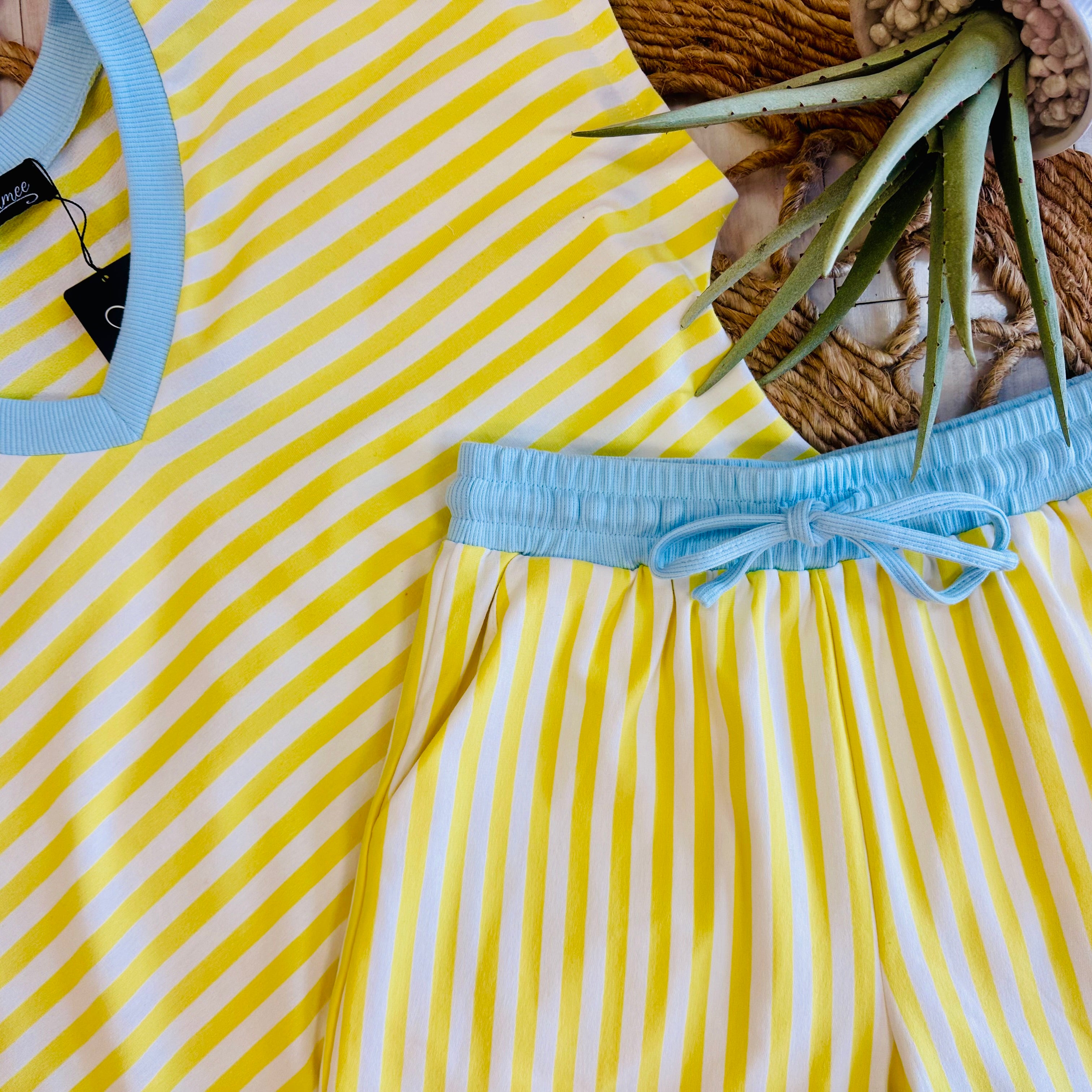 Women’s Yellow and blue stripe short set