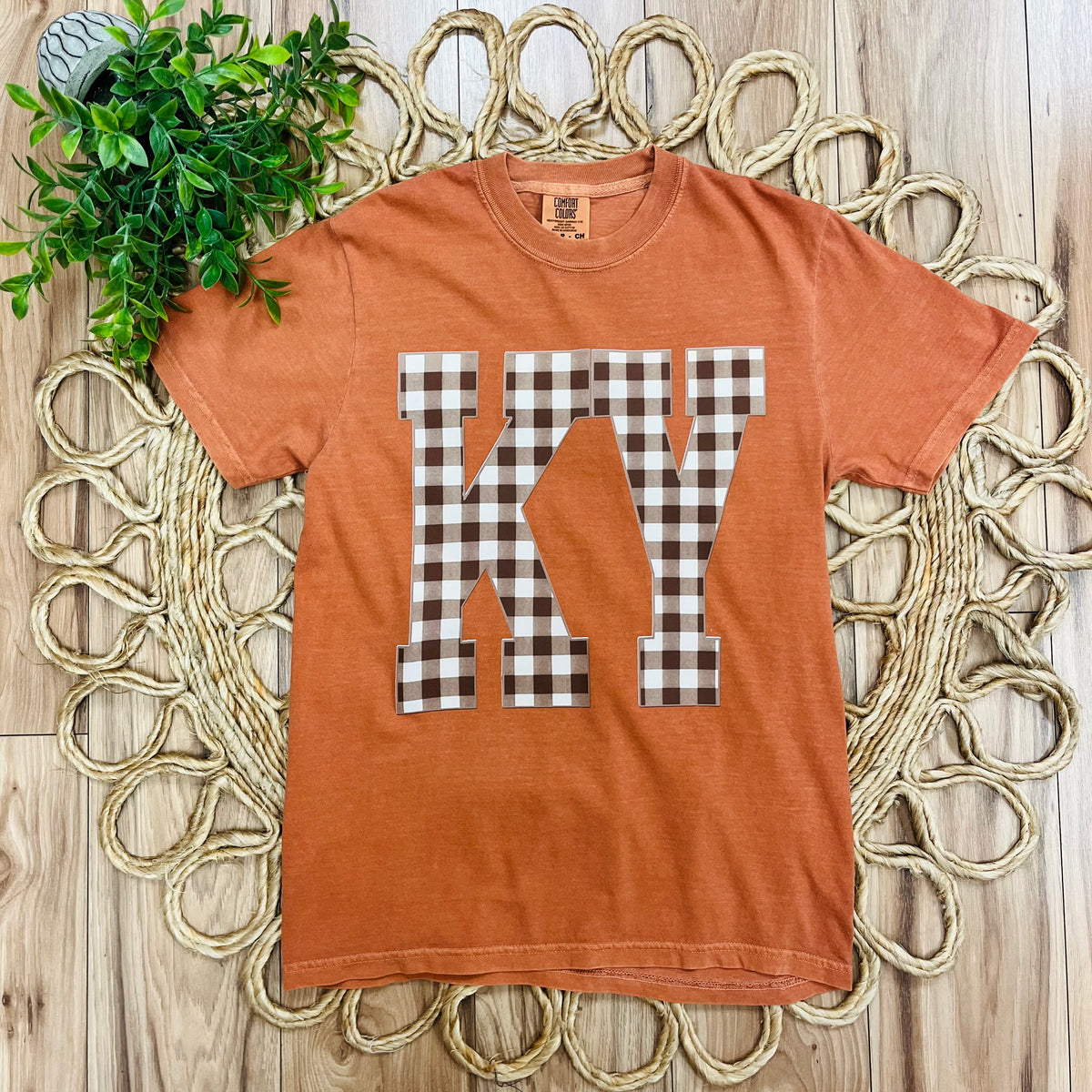 Women’s Orange KY Brown and White Gingham Print Tee