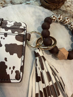 Wristlet ID Badge Pouch Keychain Brown Cow Print