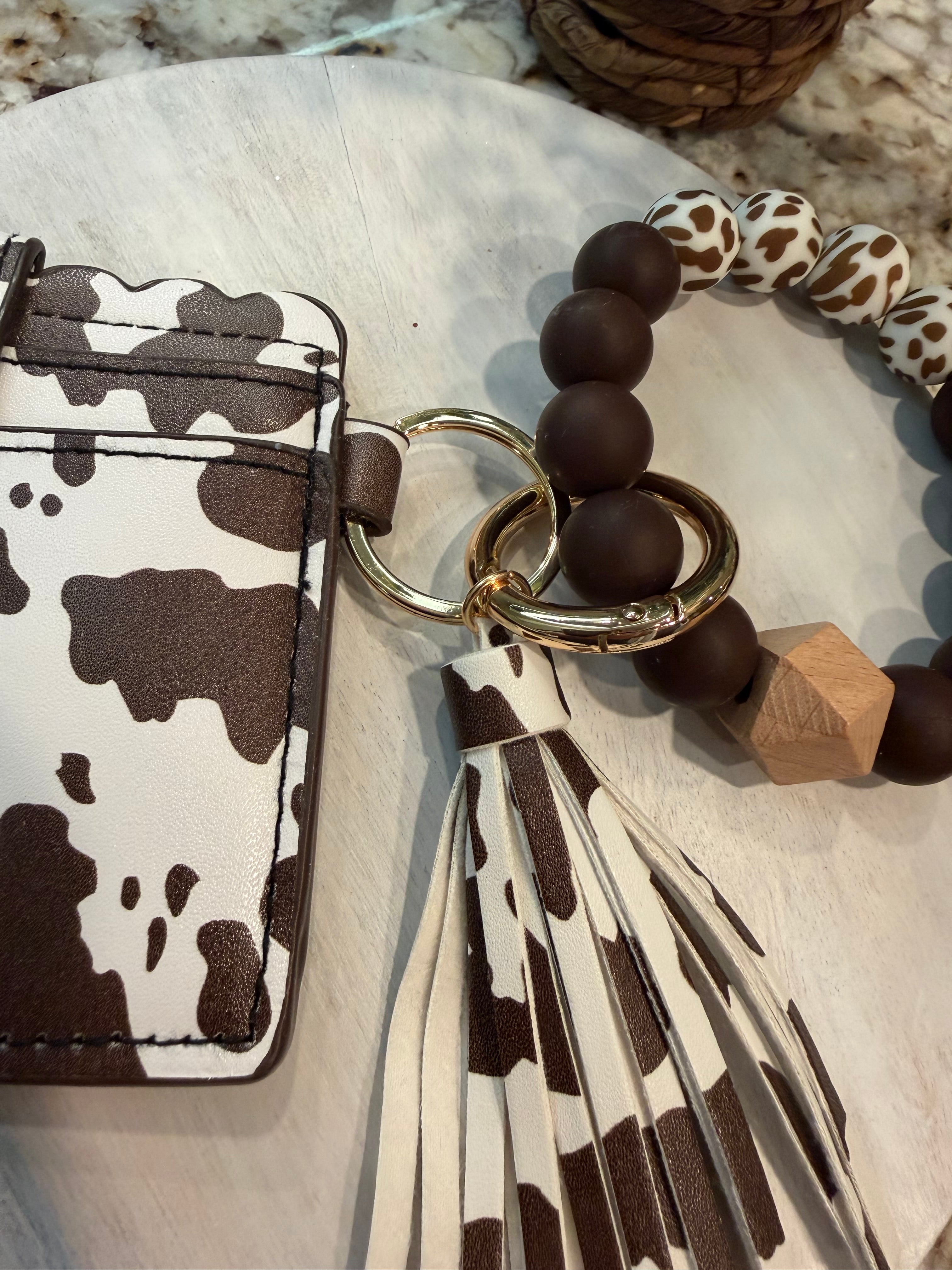 Wristlet ID Badge Pouch Keychain Brown Cow Print