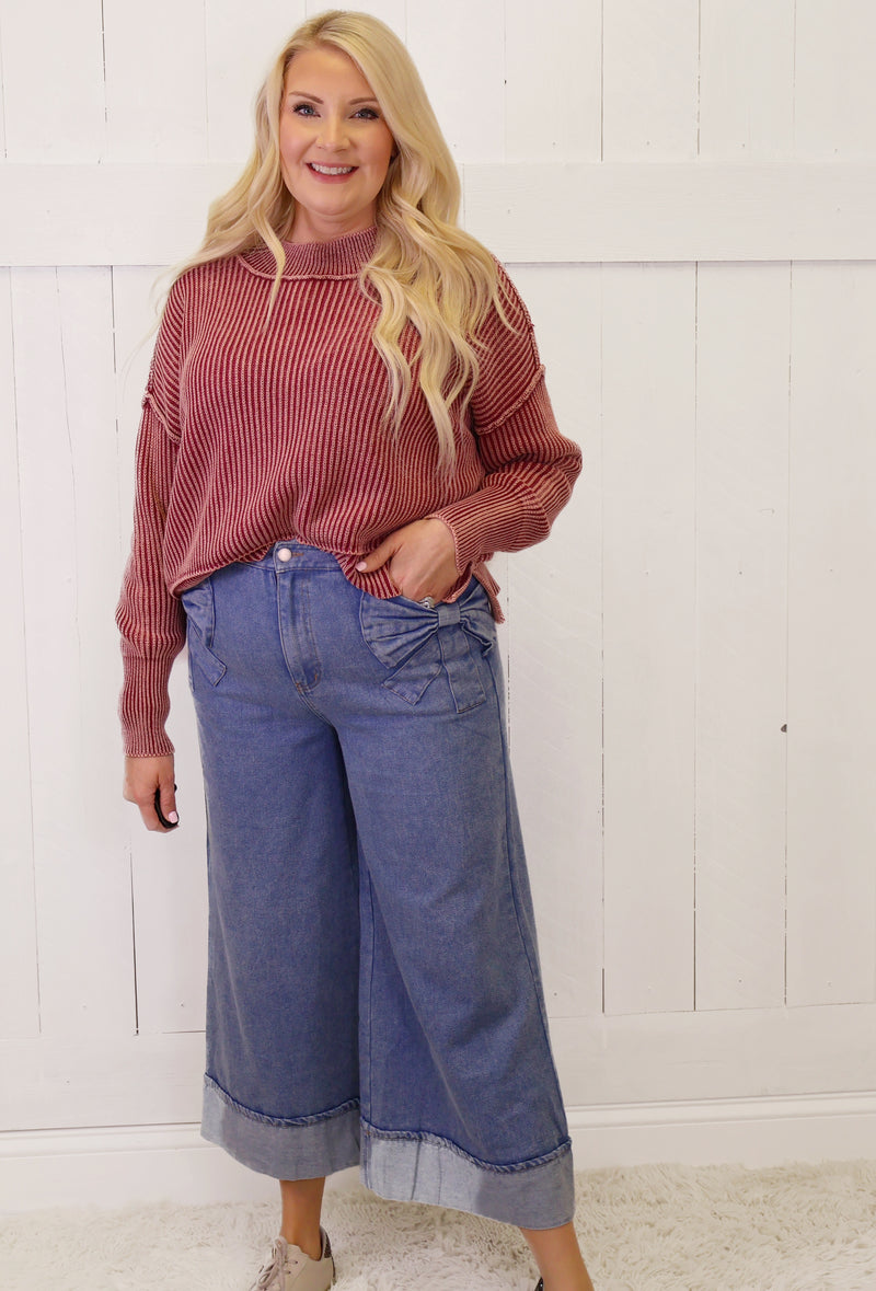 Women’s Washed Denim Wide Leg Bow Pocket Jeans