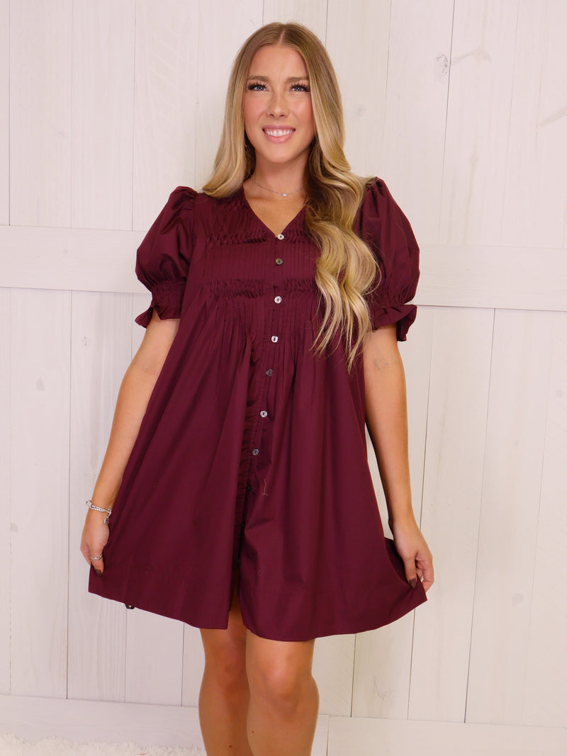 Entro Wine Button Down Smocked Neck Dress