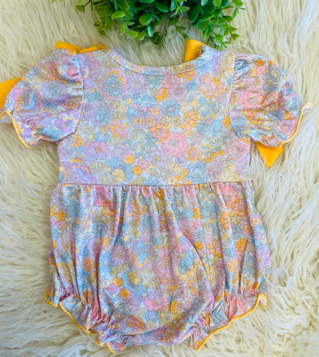 Girl’s Yellow Bow Smocked Floral Baby Bubble