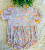 Girl’s Yellow Bow Smocked Floral Baby Bubble