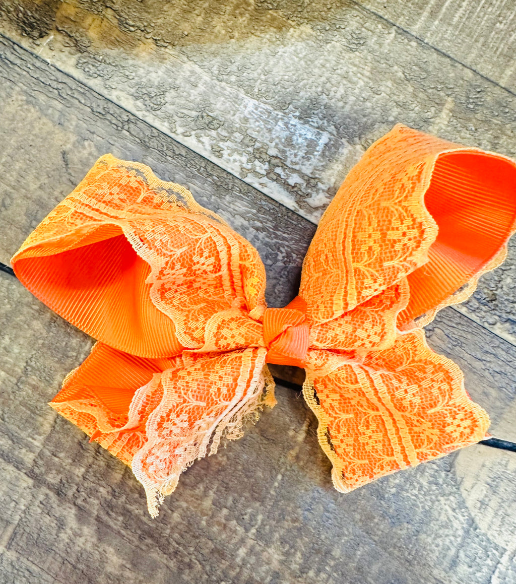 Hair Bow 6” Alligator Clip - Laced Pumpkin Orange