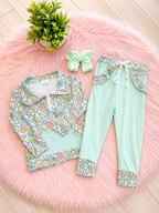 Girl’s Light Teal Floral Pant Outfit Set