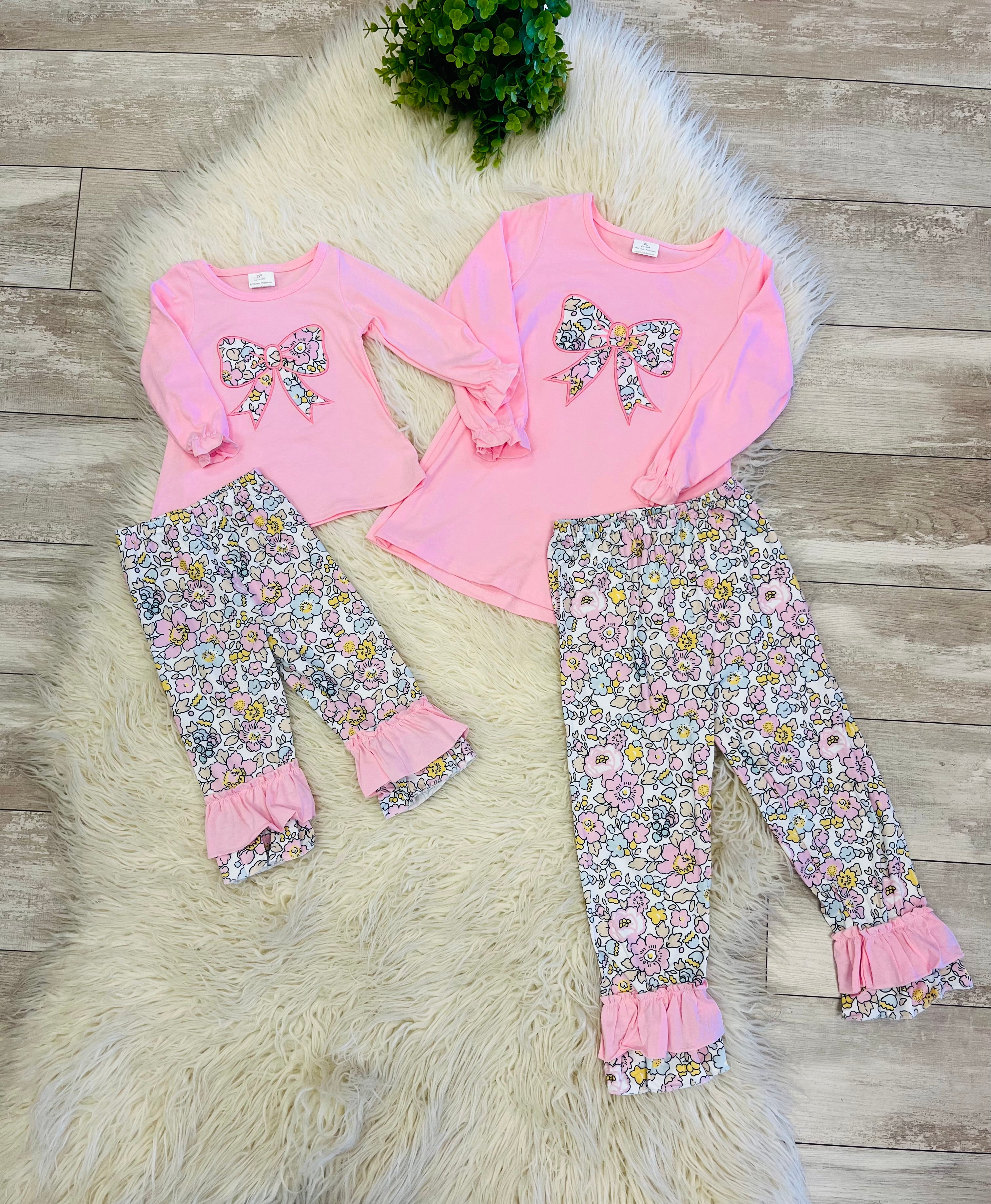 Girls Pink Bow Floral Ruffle Pant Outfit