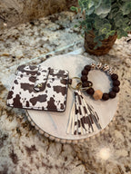 Wristlet ID Badge Pouch Keychain Brown Cow Print