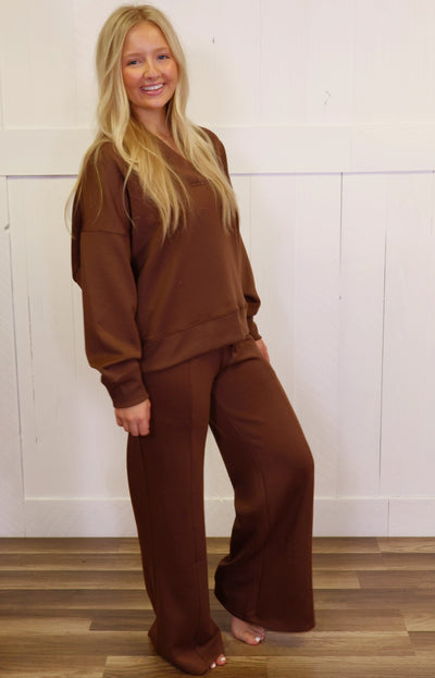 Zenana Scuba Collared  Pullover Pant Set Brown