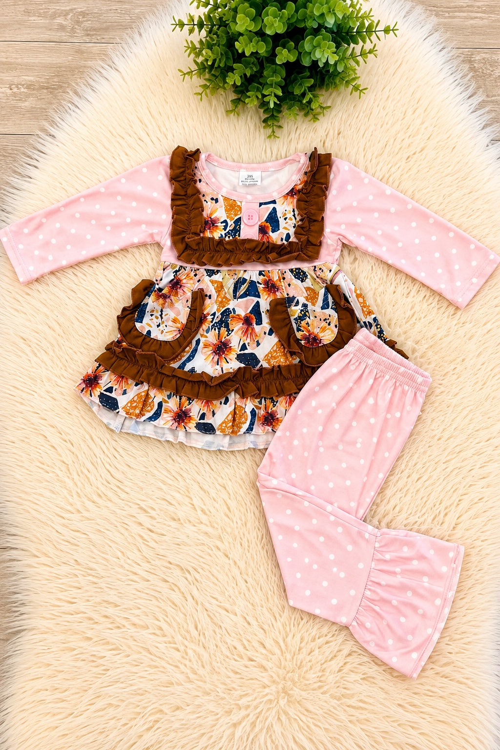 Girl’s Fall Floral Pink Polka Dot Pants Outfit