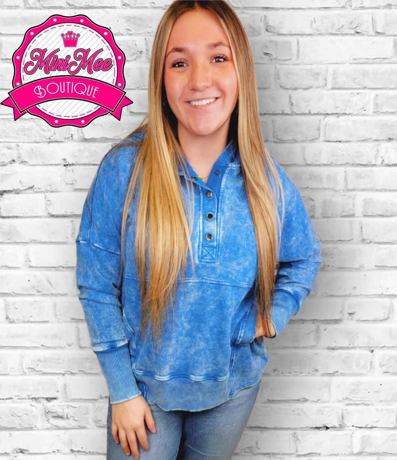 Women’s Acid Washed Button Up Pullover - Blue - Mini Mee Boutique