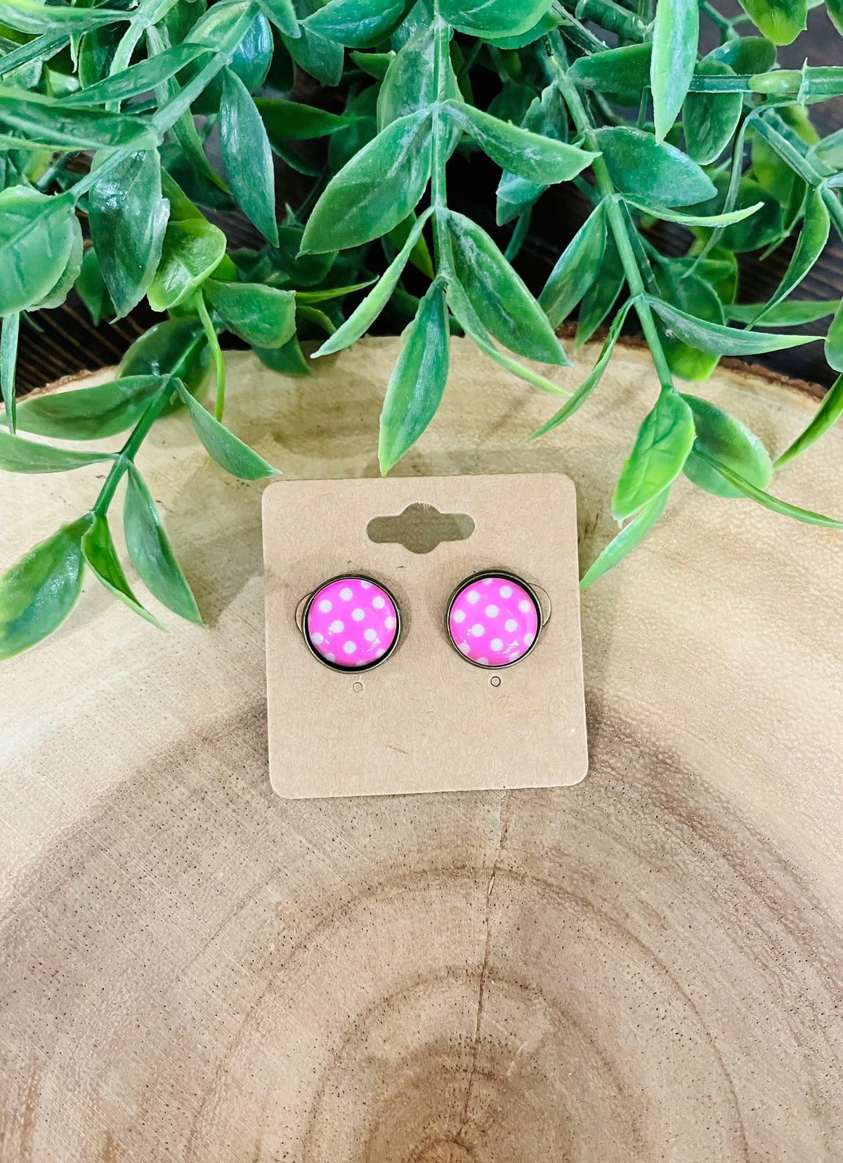 Women’s Light Pink and White Polka Dot Circle Stud Earrings