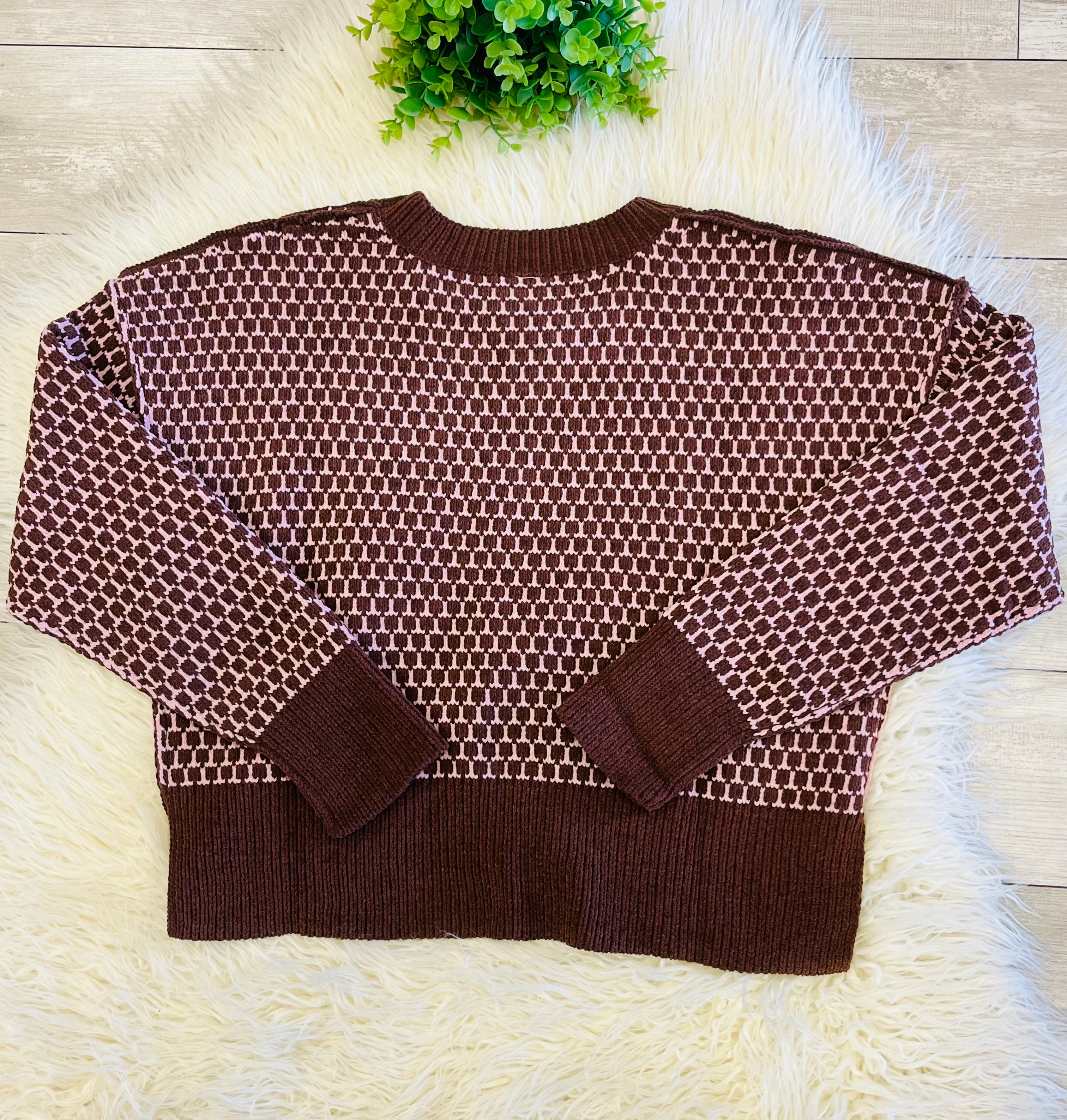 Women’s Brown And Pink Checkered Knit Crewneck Sweater