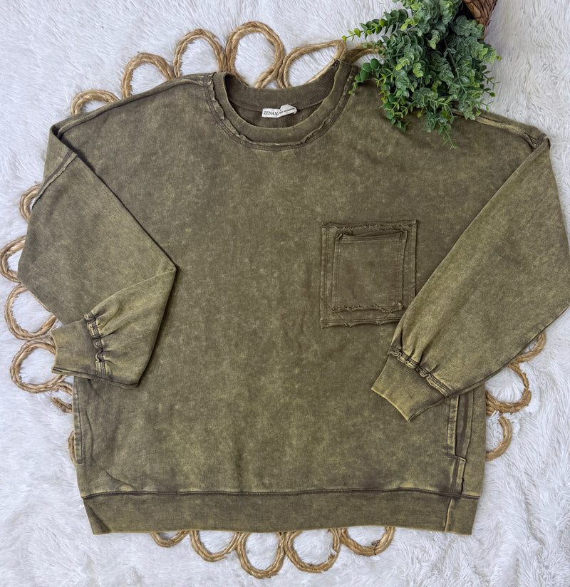 Zenana Curvy Acid Wash Mocha Pocket Sweater