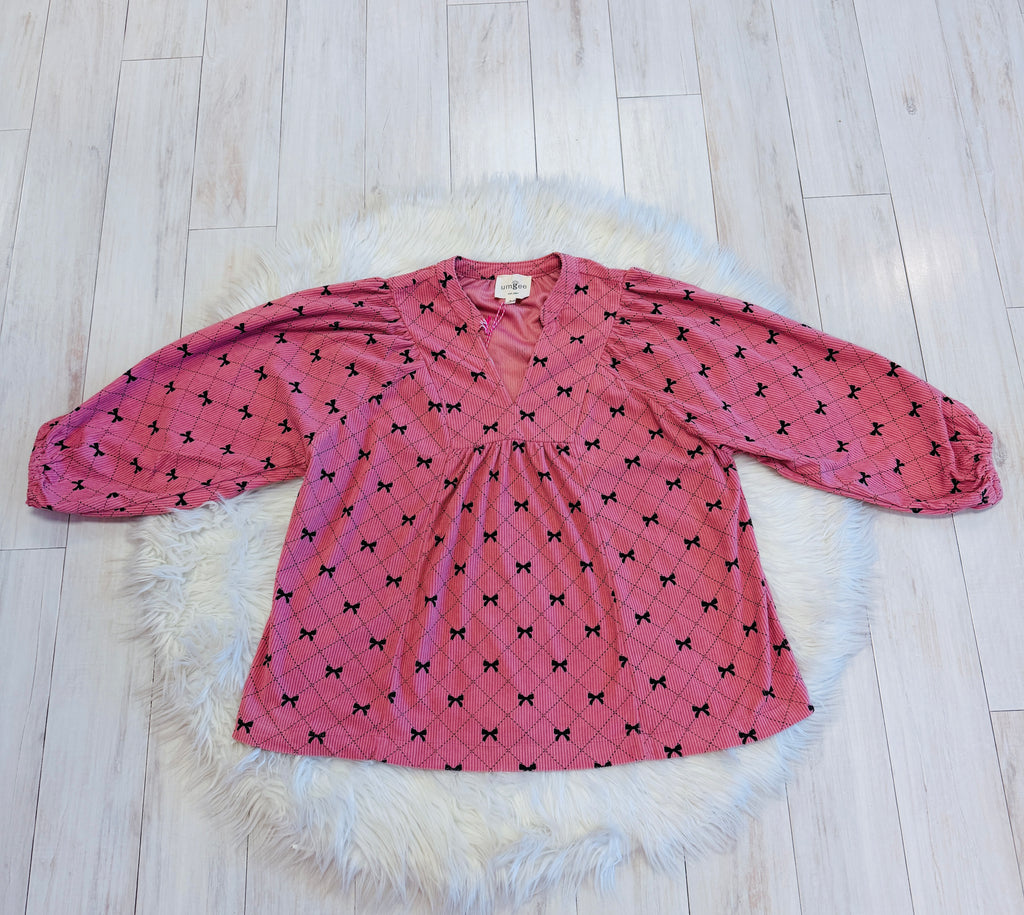 Women’s Umgee Corduroy Bow Print Top Loose Fit