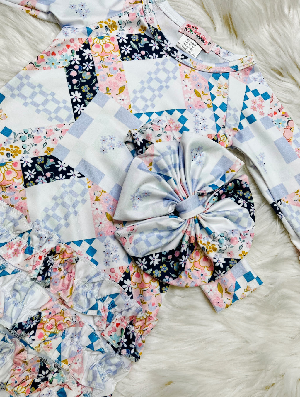 Girl’s Clover Cottage Quilted Newborn Gown and Bow Set