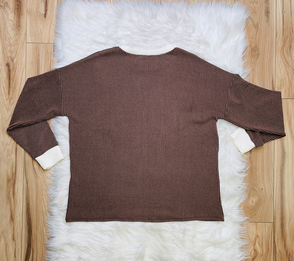 Women’s Zenana Chocolate White Detail Ribbed Set