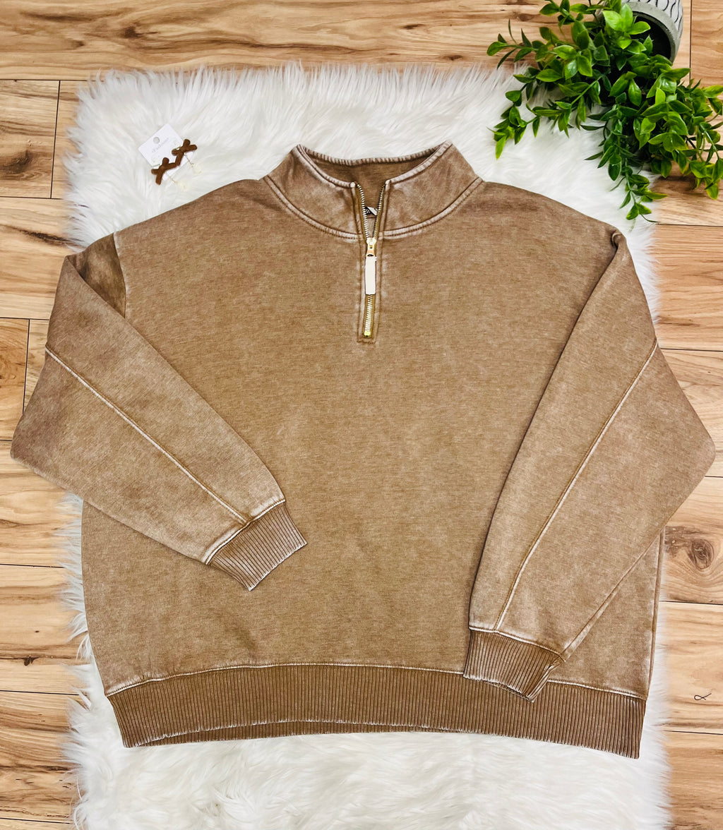 Women’s Zenana Curvy Mocha Quarter Zip Top