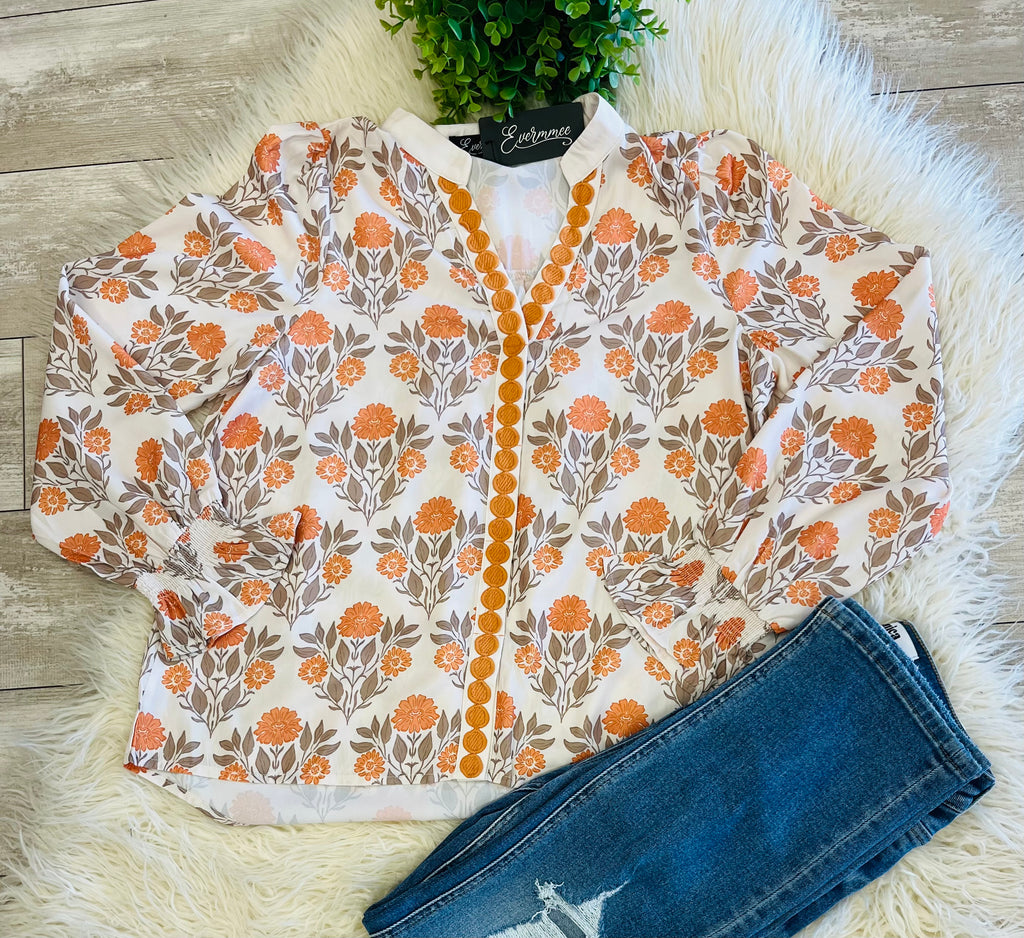 Women’s Orange Floral Print Contrast Detail Long Sleeve Blouse