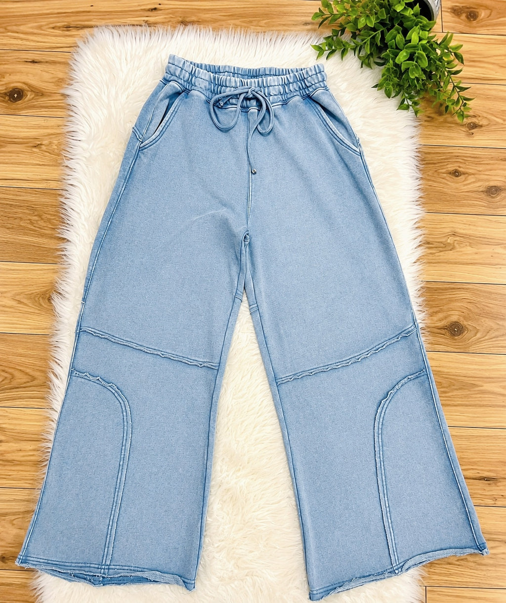 Women’s Zenana Dusty Blue Wide Leg Acid Wash Pants- Oversized