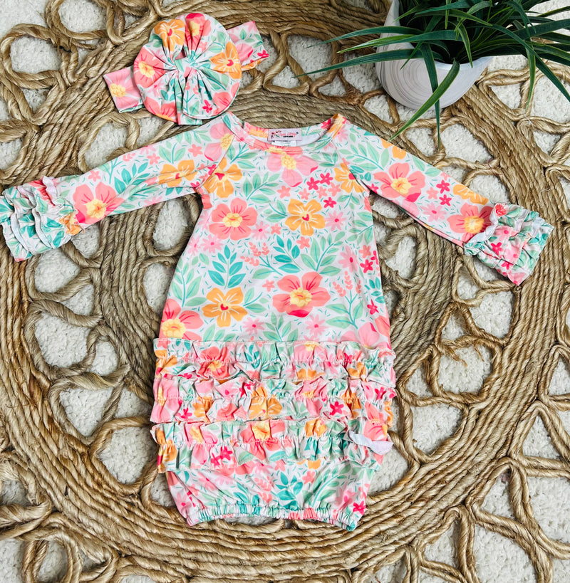 Clover Cottage Pastel Floral Gown With Headband