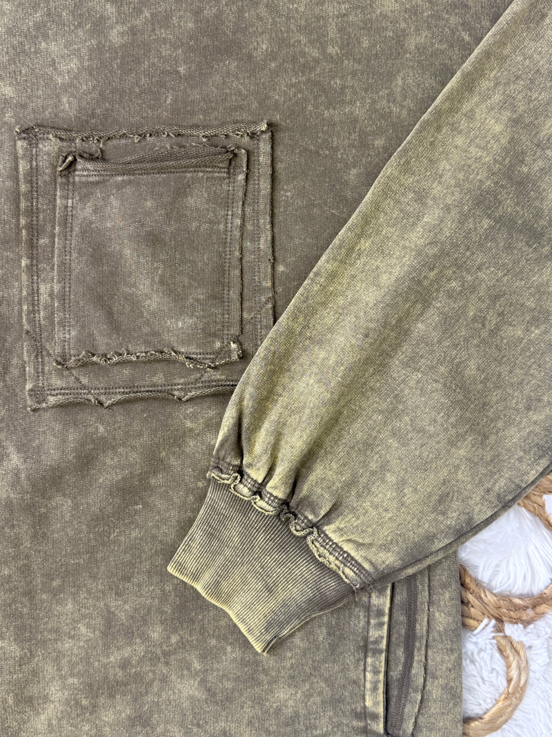 Zenana Curvy Acid Wash Mocha Pocket Sweater