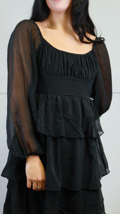 Women’s Black Ruffle Tiered Midi Dress