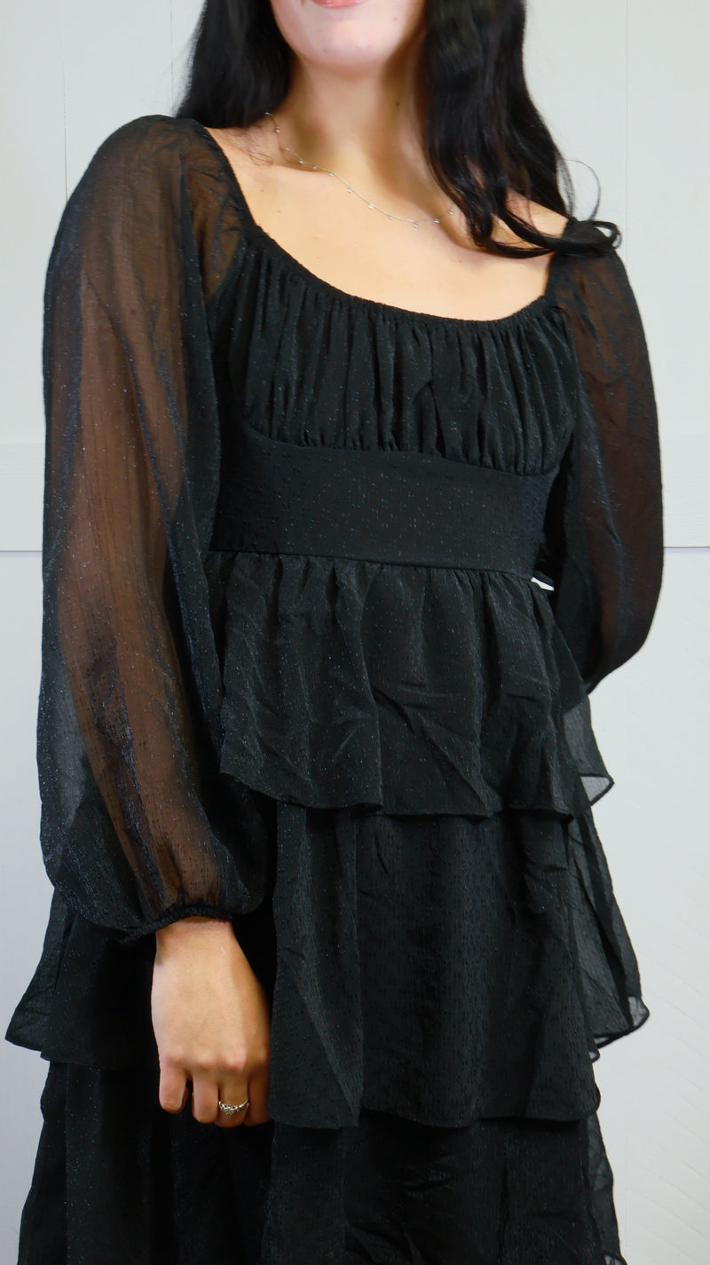 Women’s Black Ruffle Tiered Midi Dress