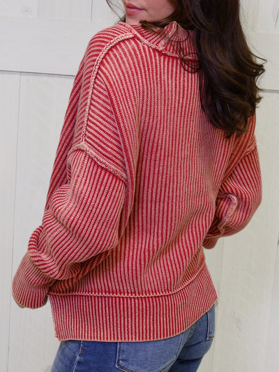 Dark Red Washed Side Slit Oversized Cropped Sweater