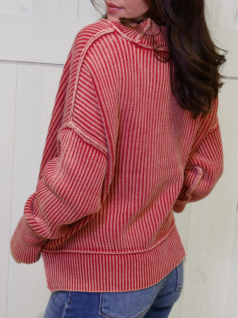 Dark Red Washed Side Slit Oversized Cropped Sweater