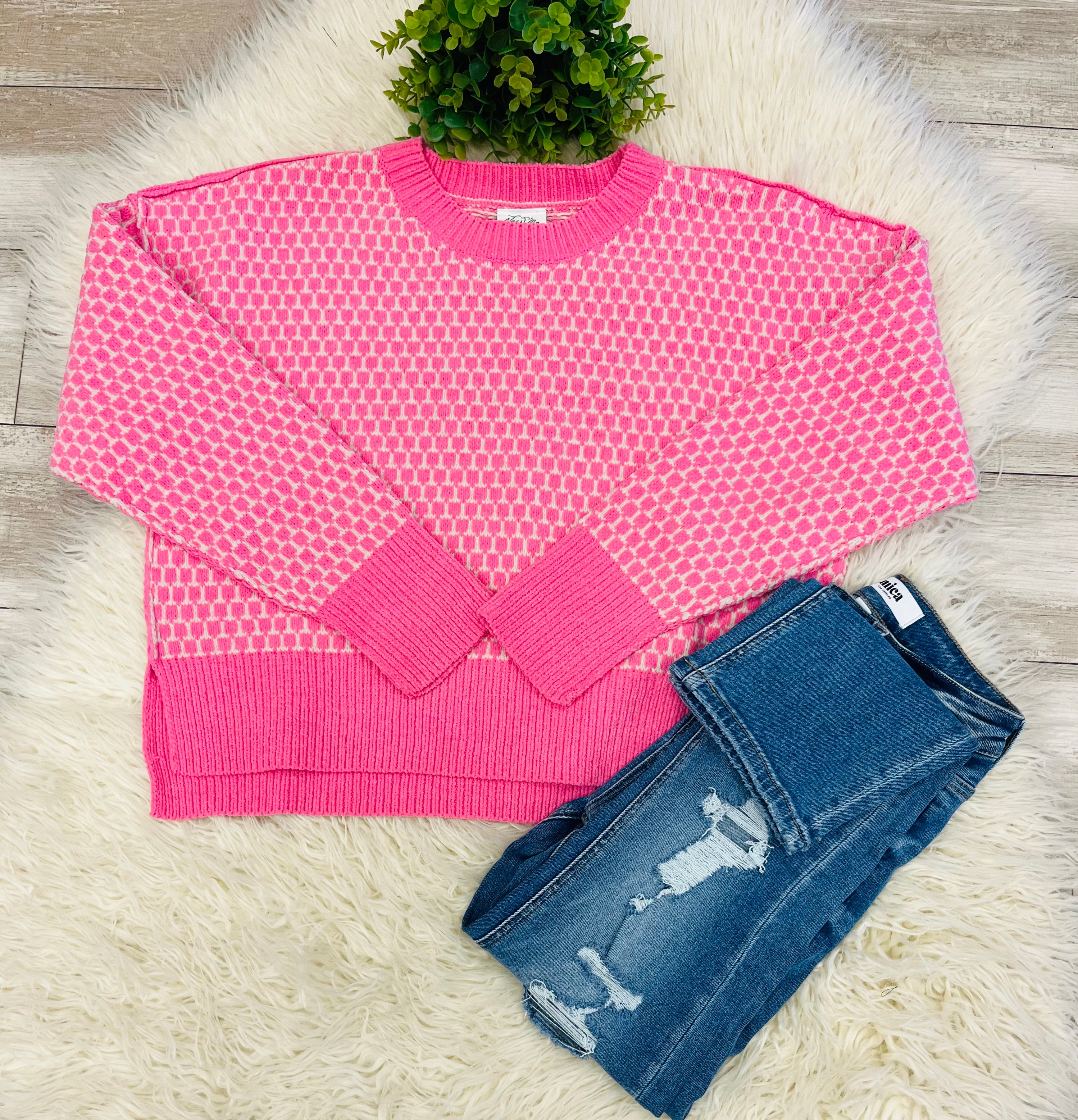 Women’s Pink And Cream Checkered Knit Sweater