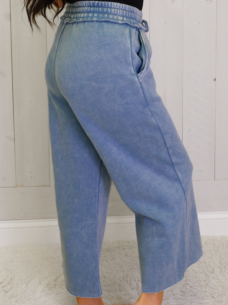 Blue Grey Acid Wash Fleece Palazzo pant with pockets