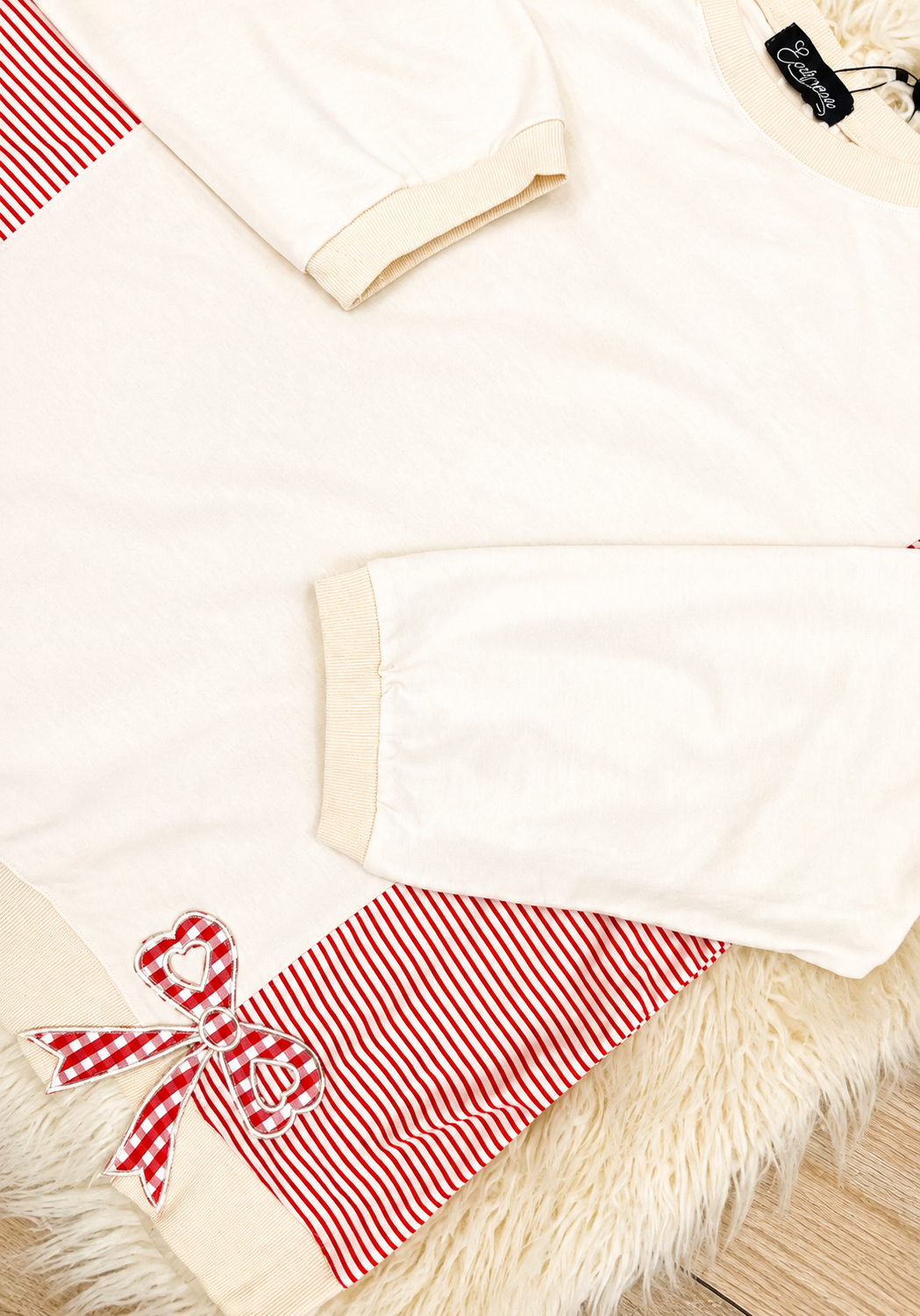 Women’s Evermmee Cream with Red and Pink Stripe and Bow Detail Top- Loose Fit