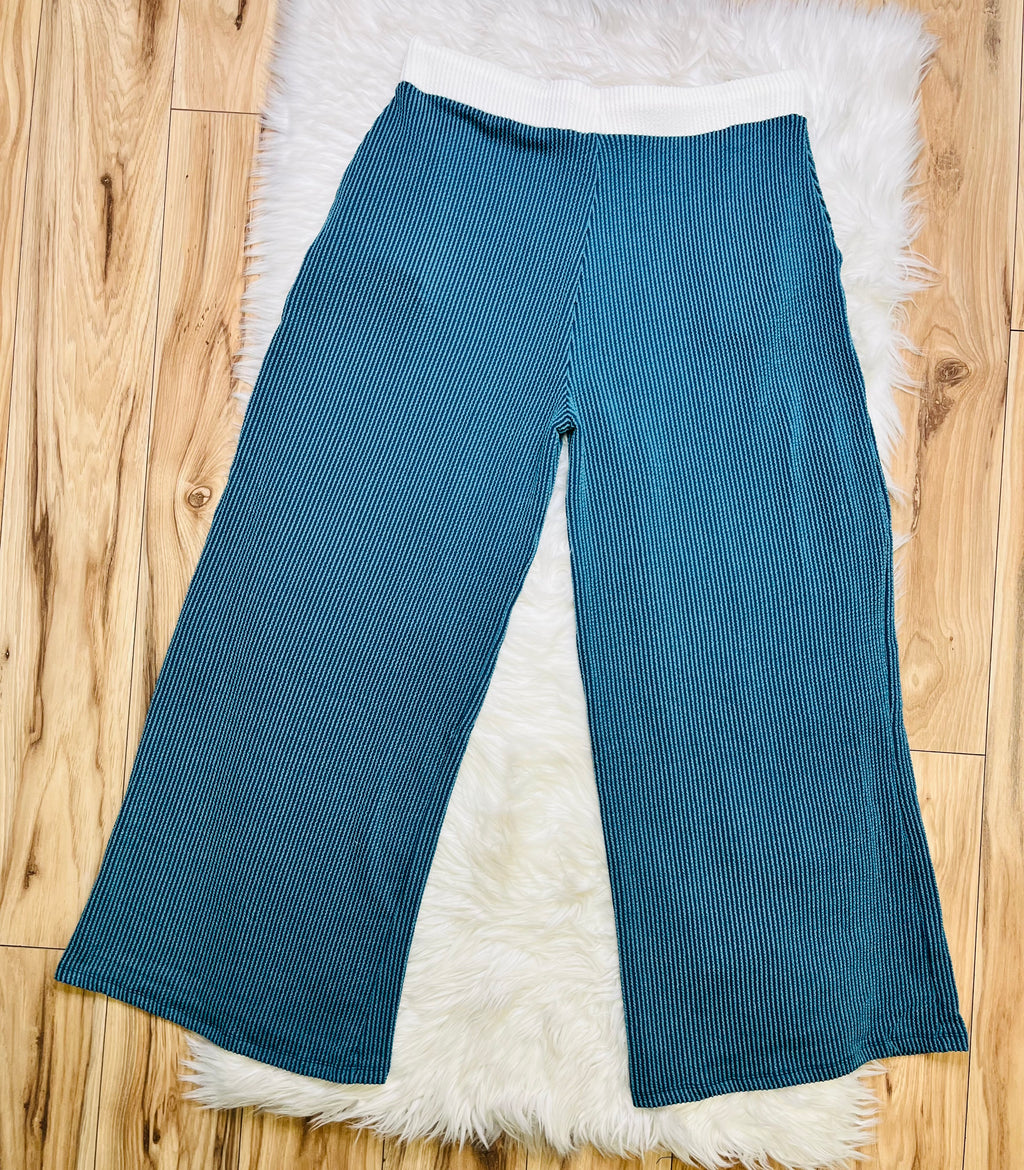 Women’s Zenana Teal White Detail Ribbed Set Curvy