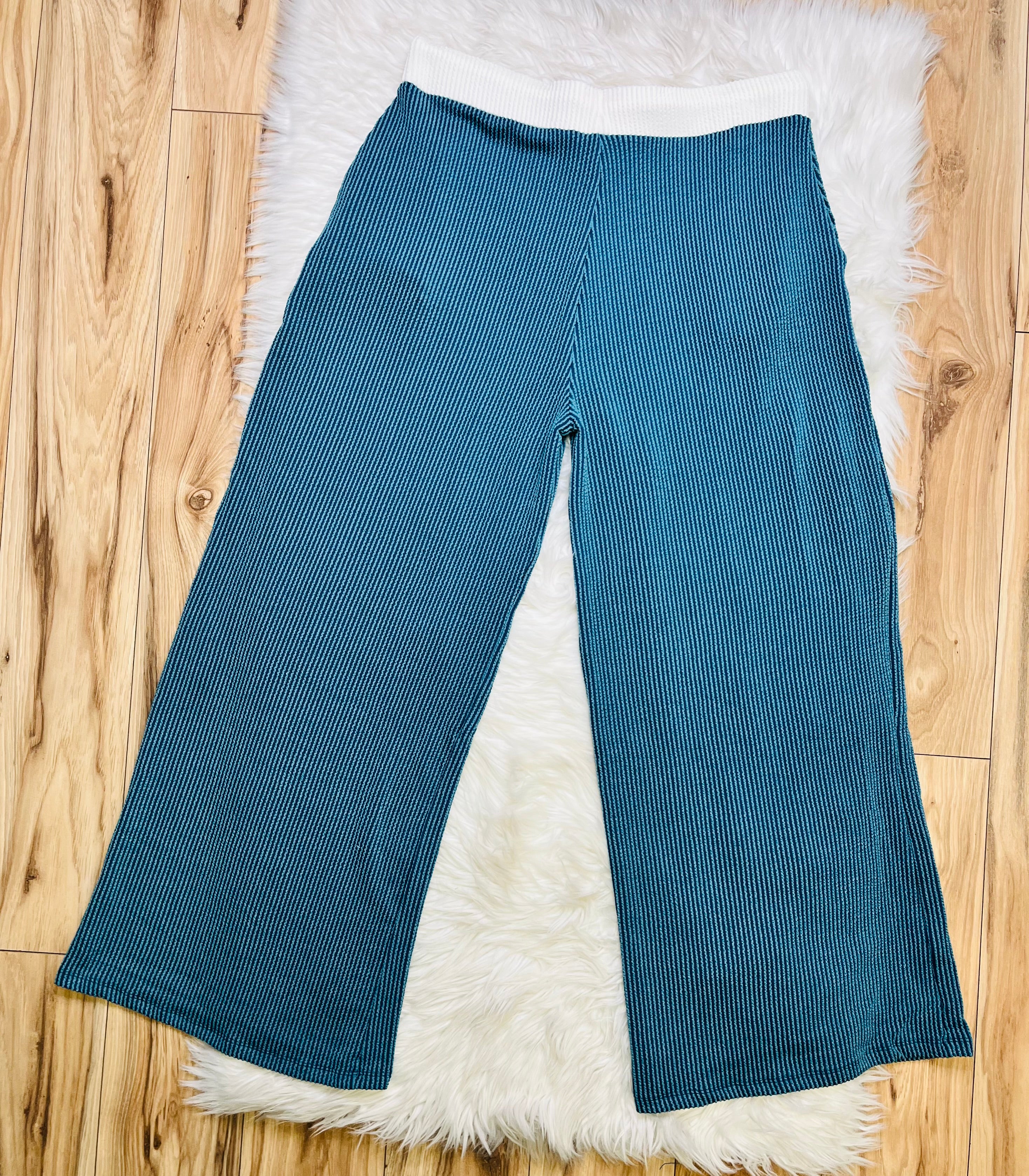 Women’s Zenana Teal White Detail Ribbed Set Curvy