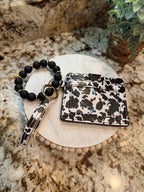 Wristlet ID Badge Pouch Keychain Black Cow Print