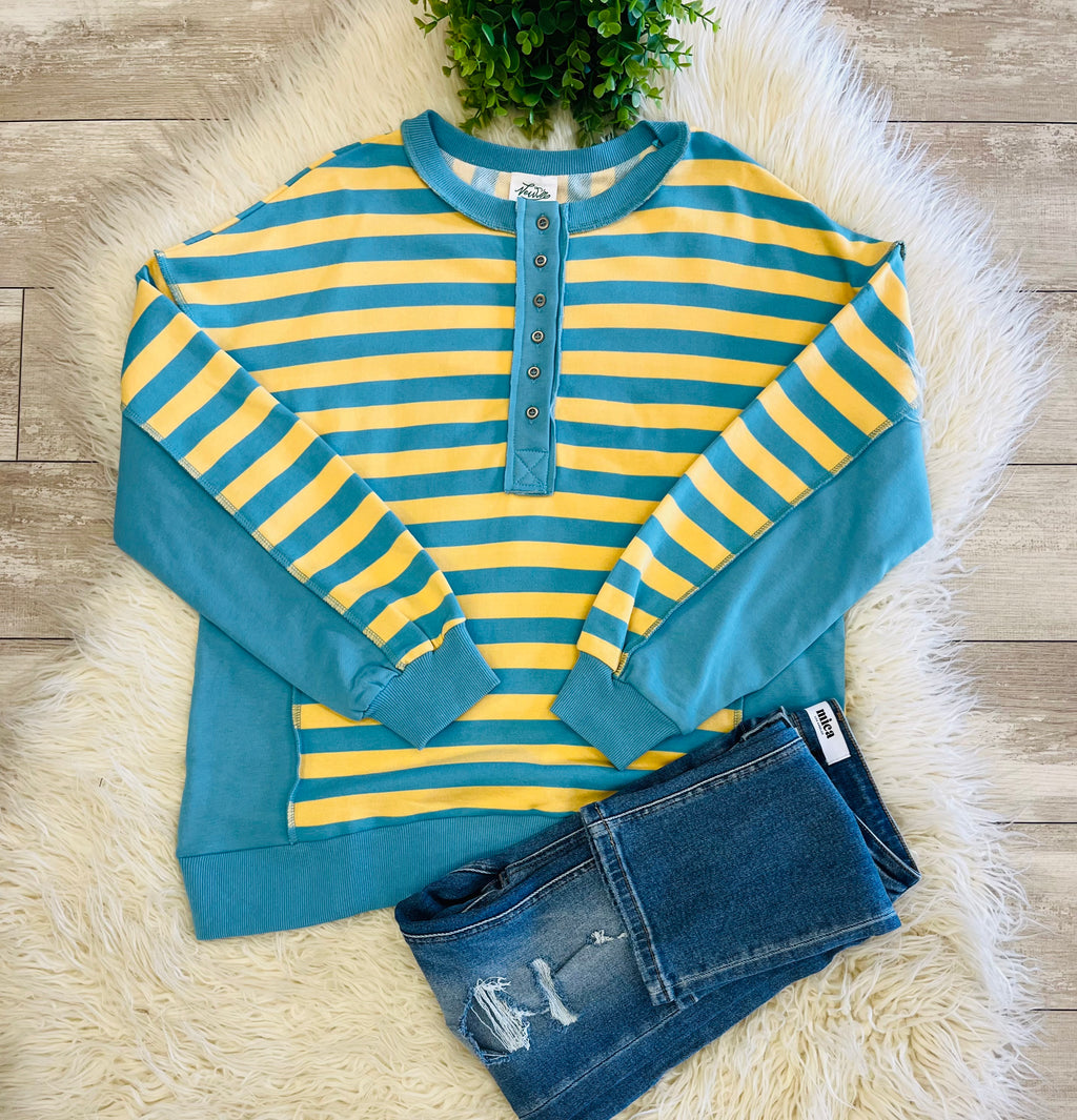 Women’s Yellow/Blue Striped Oversized Casual Knit Top