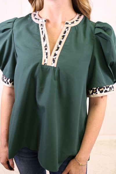 Entro Hunter Green Cheetah Trim Top