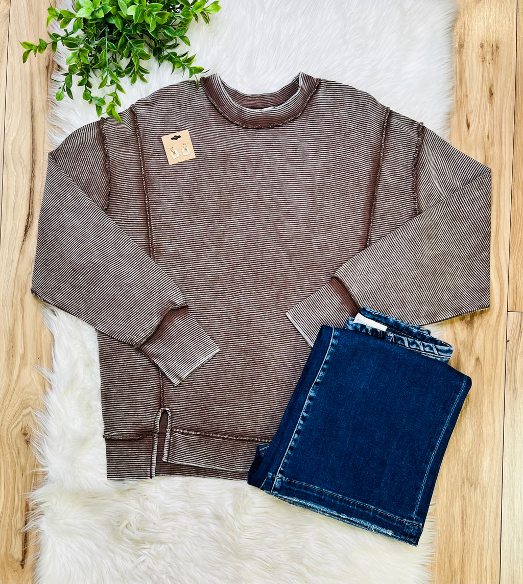 Women’s Zenana Chocolate Ribbed Raw Hem Crewneck Top