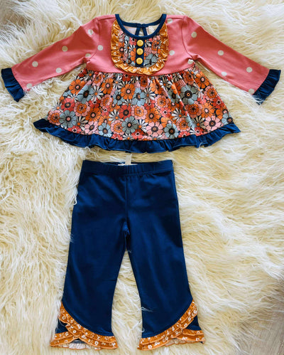 Fall Floral Girls Ruffle Trim Outfit