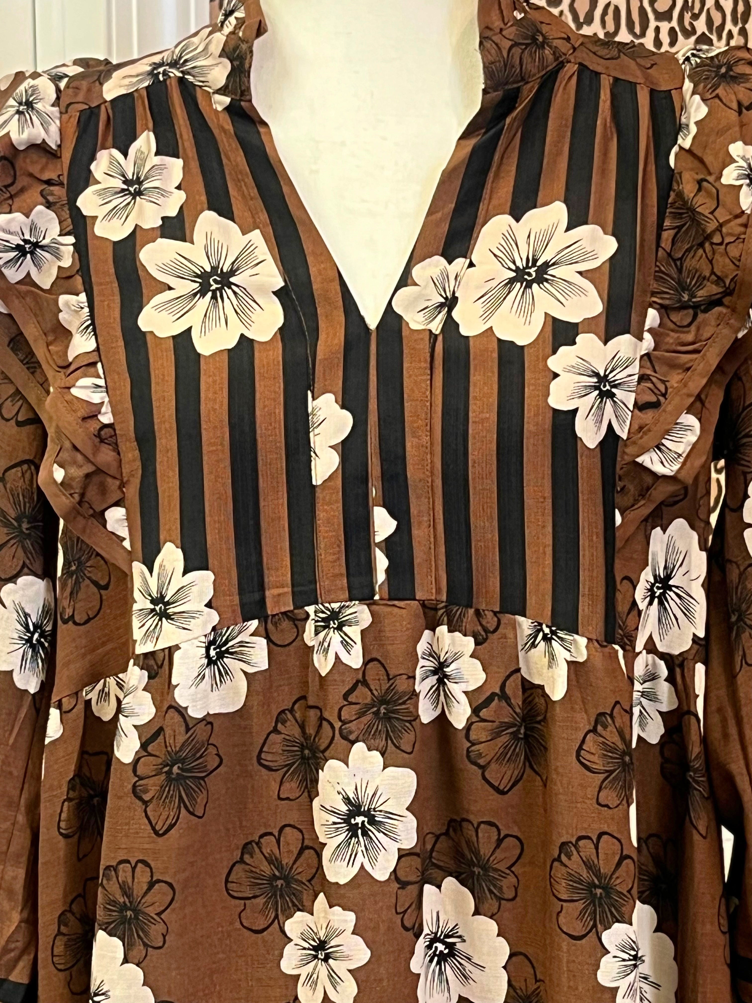Women’s Umgee Brown Floral Ruffle Split Neck Dress