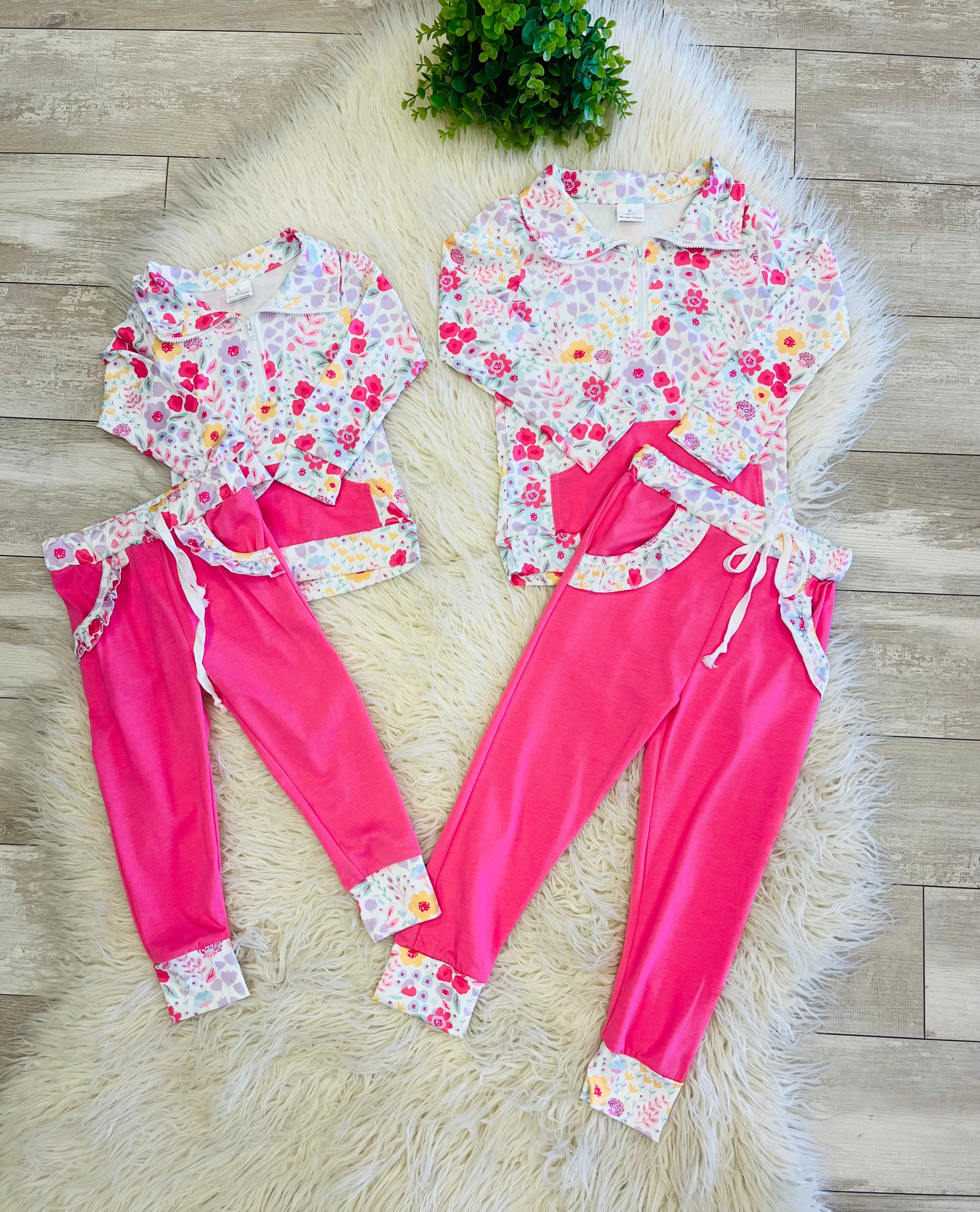Girl’s Pink Floral Quarter Zip Two Piece Set