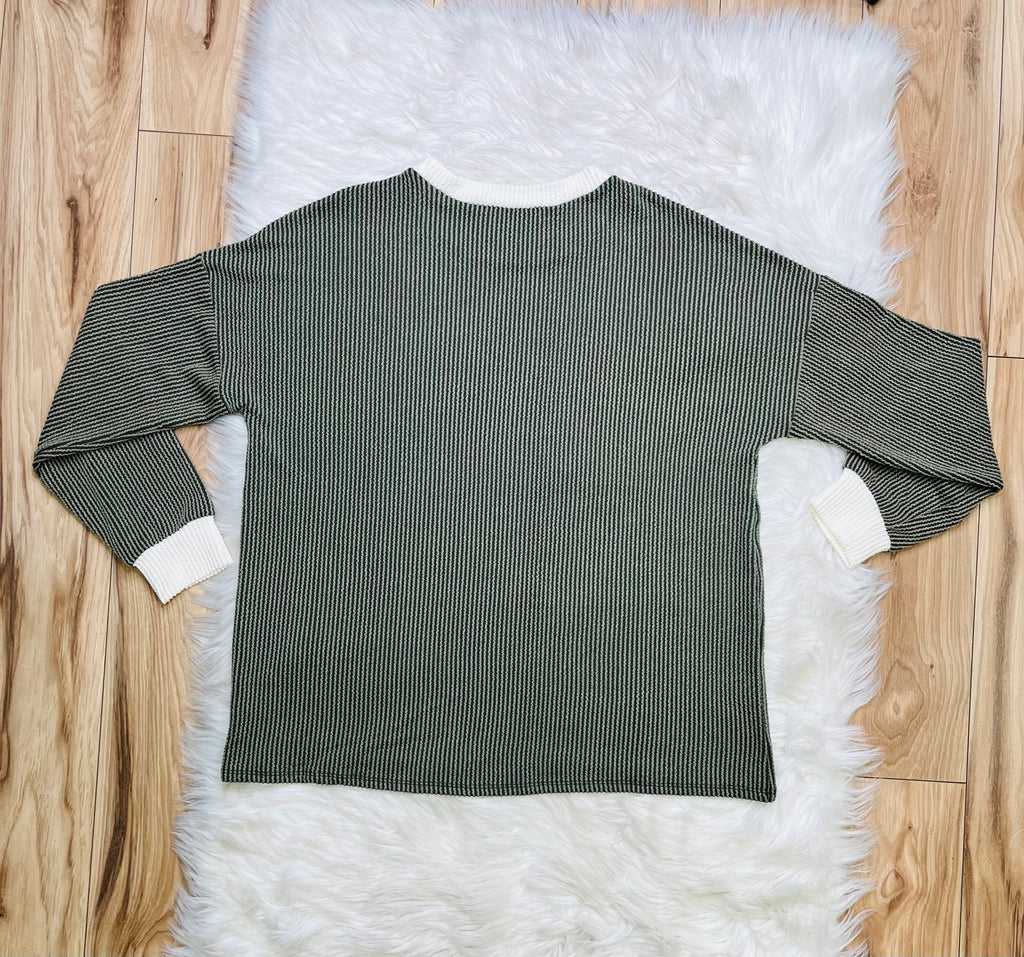 Women’s Zenana Olive Green White Detail Ribbed Set