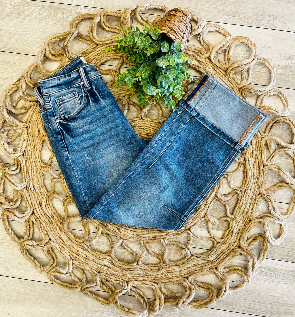 Women’s Risen High Rise Straight Cuffed Hem Jeans Style 1527