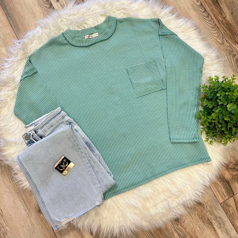 Zenana Curvy Ribbed Raw Edge Top Light Jade