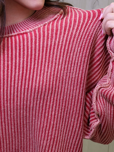 Dark Red Washed Side Slit Oversized Cropped Sweater
