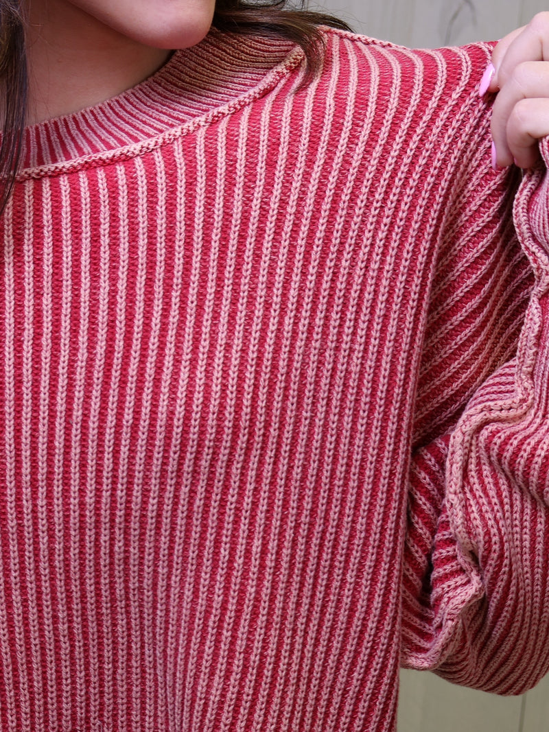 Dark Red Washed Side Slit Oversized Cropped Sweater