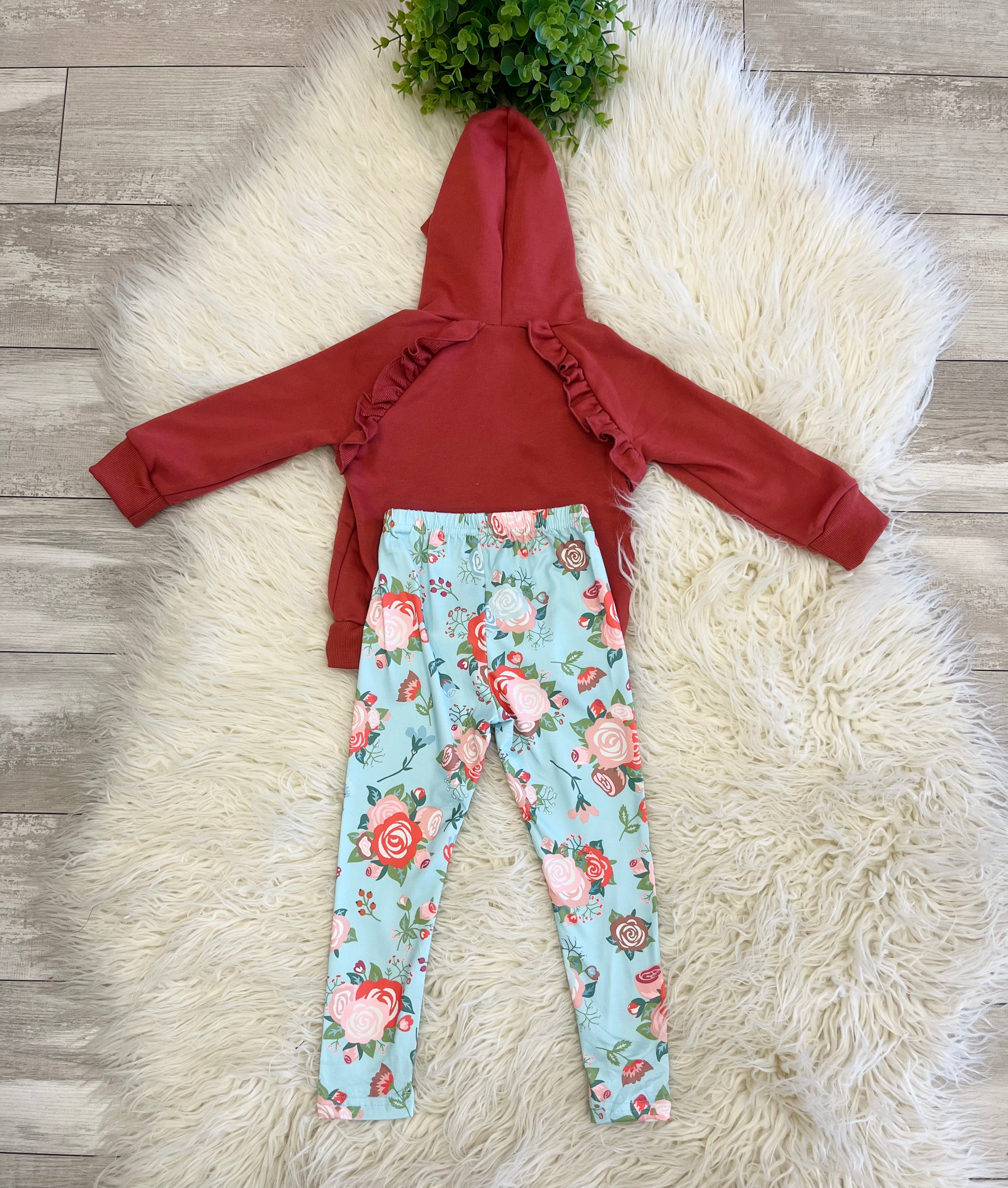 Girl’s Rust Colored Ruffle Trim Floral Pants Outfit