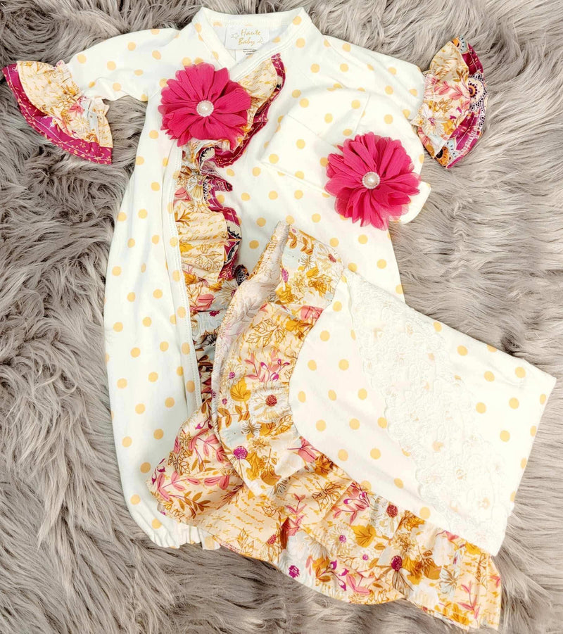 Baby Amber Dreams 3 Piece Gown Set (Gown, Hat, and Blanket) - Mini Mee Boutique