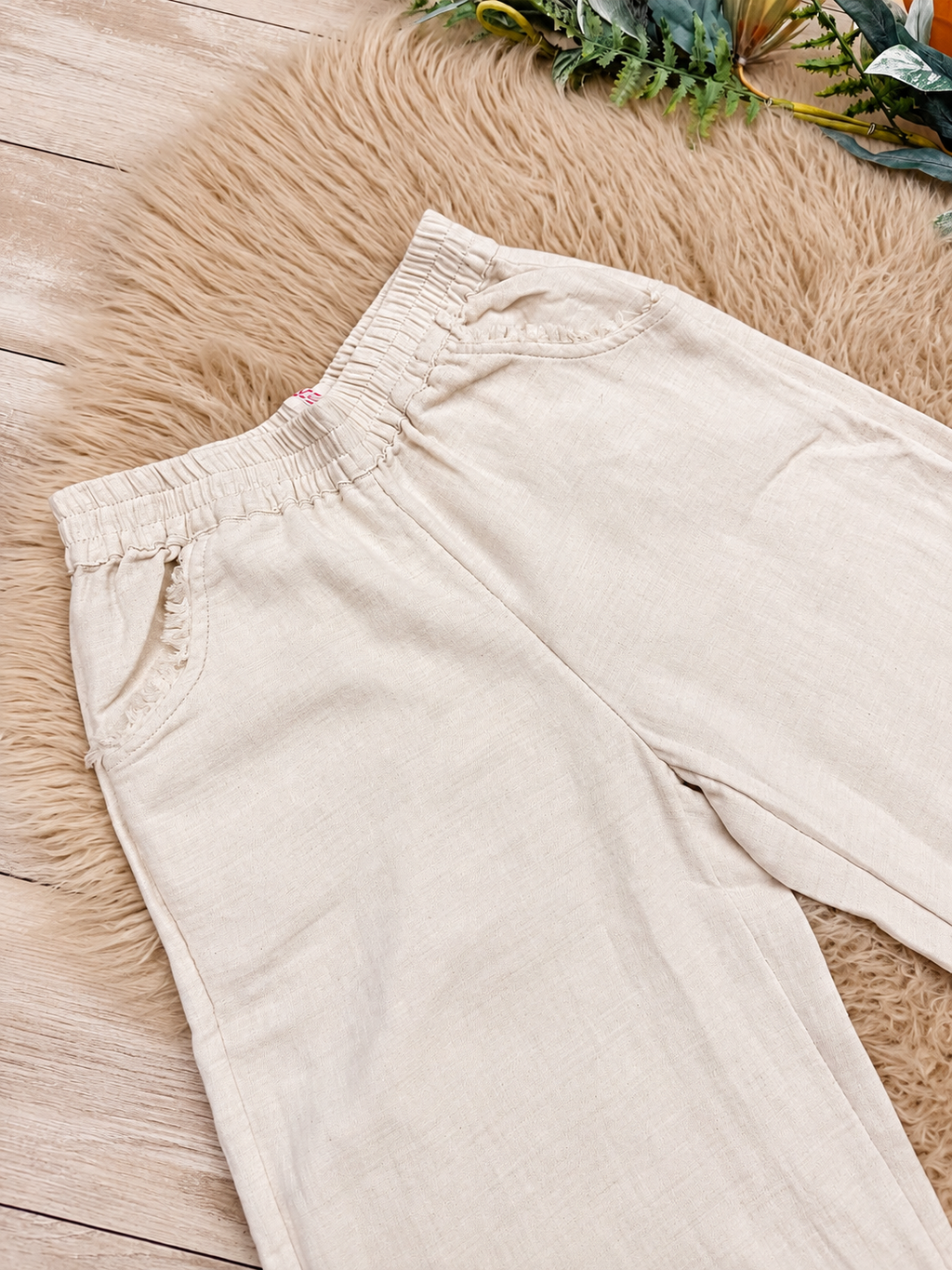 Oatmeal Frayed Hem Linen Pants by UmGee Women’s - Loose Fit